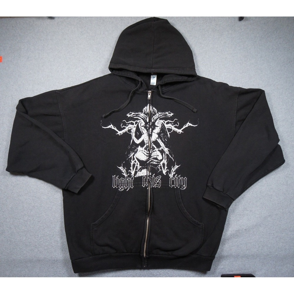 Vintage Light This City Hoodie Mens 2XL Black Sweatshirt Metal Band Baphomet